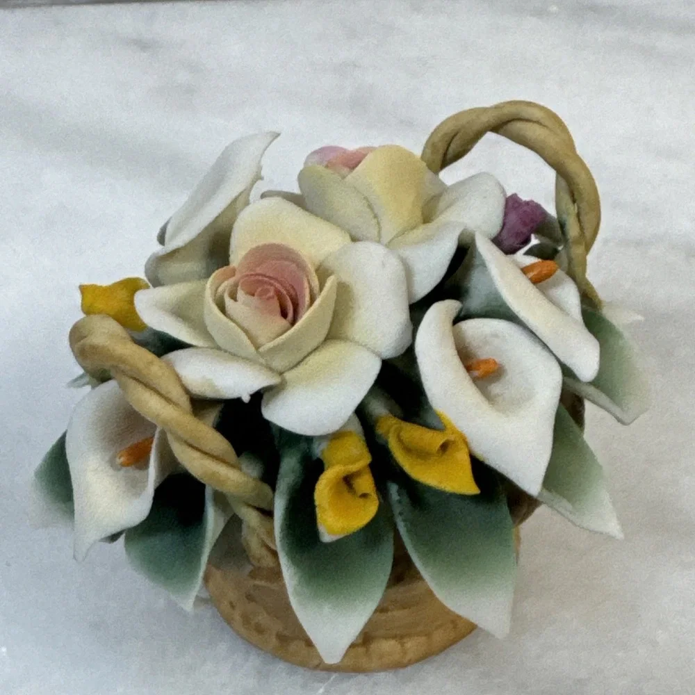 Vintage Genuine Capodimonte Rose Basket Flowers 3x2
